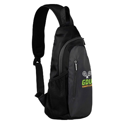 Black and gray sling bag with custom full-color imprint.