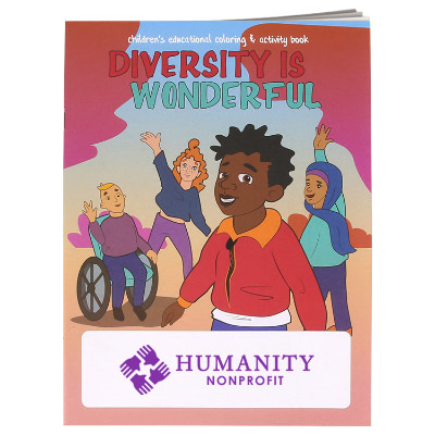 Multicolored paper coloring book with a custom imprint.