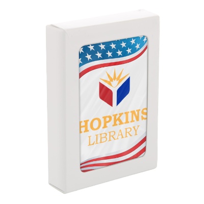 Patriotic paper playing cards with a custom logo.
