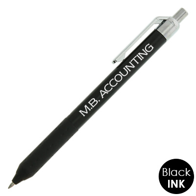 Black customized pens with metallic colored clip.