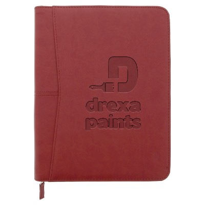 Red pedova zippered ultrahyde padfolio with a personalized debossed logo.