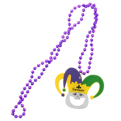 Mardi gras jester plastic and metal bottle opener beads with custom promotional imprint.