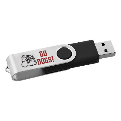 Black stainless steel flash drive with a custom imprint.
