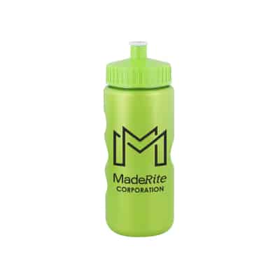 Plastic metallic green water bottle with push pull lid and custom branding in 22 ounces.