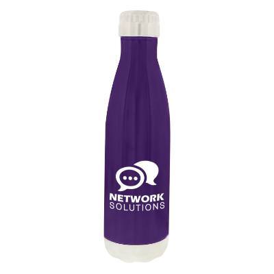 Stainless steel purple water bottle with custom print and screw top lid in 16 ounces.