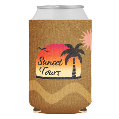 Boho sun can cooler with custom full color imprint.