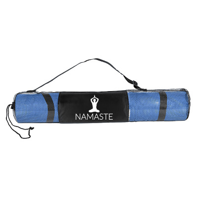 Blue yoga mat with custom logo on case.