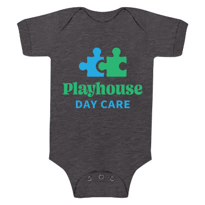 Dark grey heather one piece with custom full color logo.