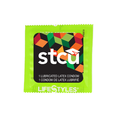 Lime green latex condom with a branded logo.