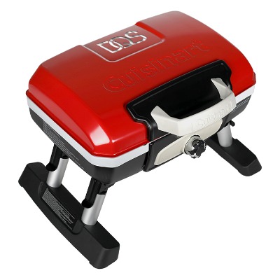 Red steel portable gas grill with laser engraved personalized logo.