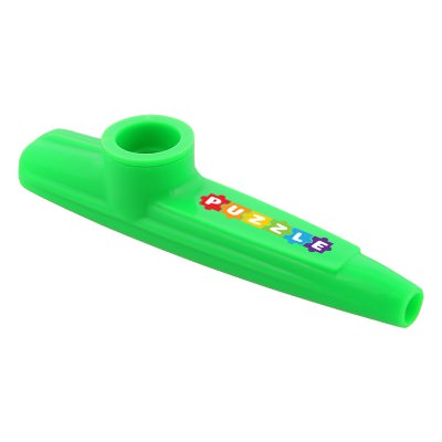 Green plastic kazoo with a custom imprint.