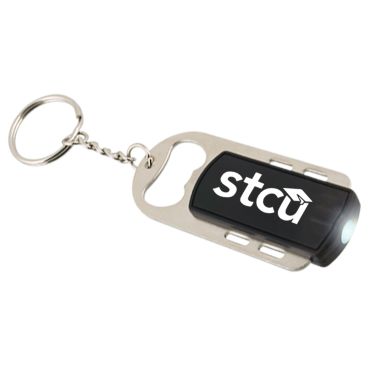 Plastic black LED light keychain metal bottle opener imprinted.