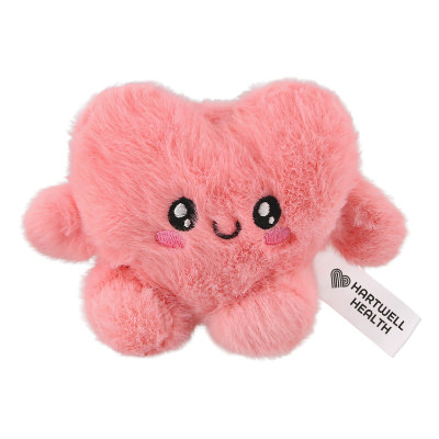 Pink plush stress buster with a custom logo.