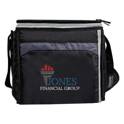 Black and gray cooler with embroidered logo.