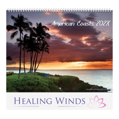 Images of american coastal locations on spiral bound calendar with branded full color logo.