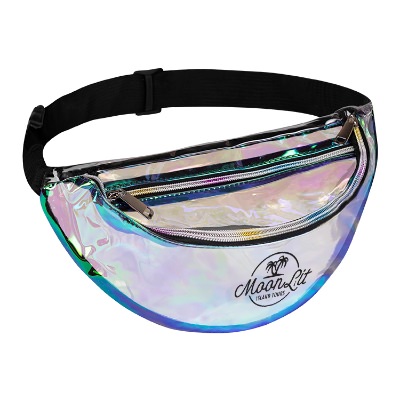 Clear holographic fanny pack with custom imprint.
