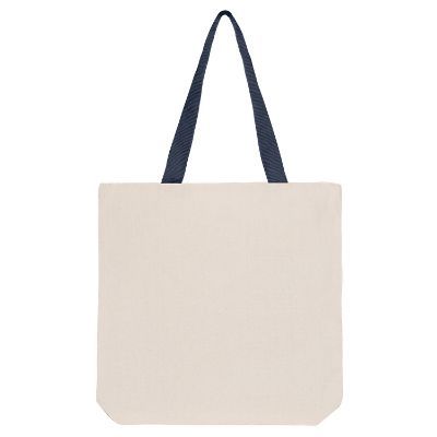 Blank natural cotton tote bag with navy handles and reinforced handles.