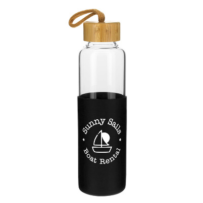 Glass water bottle with black sleeve and custom logo in 18 oz.