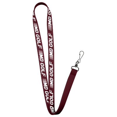 5/8 inch burgundy tubular polyester custom design lanyard with black j-hook.