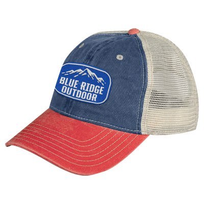 Blue and red custom embroidered trucker cap.