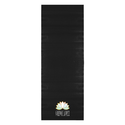 Black yoga mat with custom full color imprint.