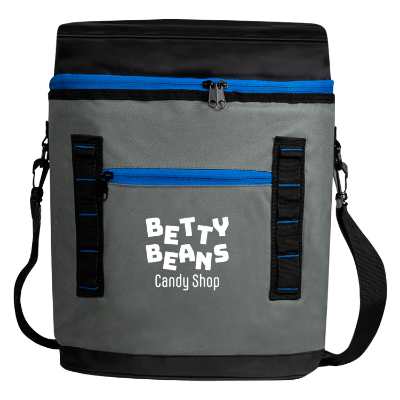 Blue backpack cooler with custom logo.