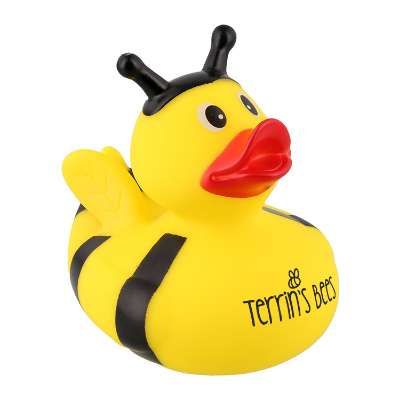 Yellow plastic rubber duck with a customized imprint.
