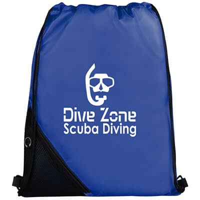 Polyester royal blue mesh pocket sports bag with promotional imprint.