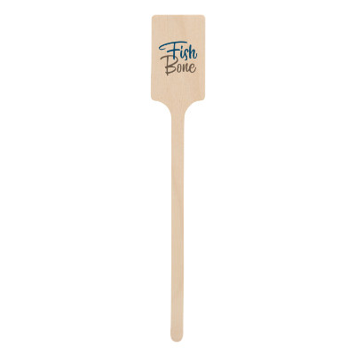 Wooden stir stick with a branded logo.