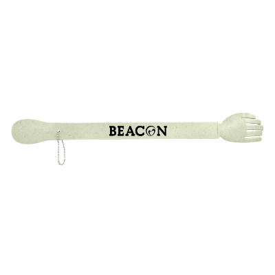 Green plastic backscratcher with a custom imprint.