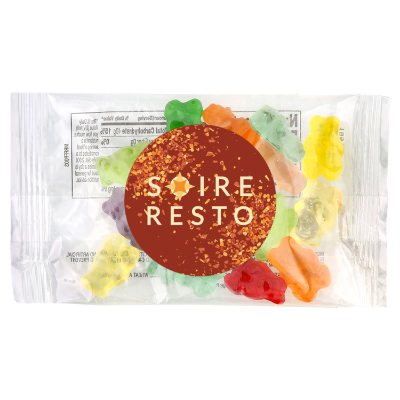 Clear plastic packet with a branded logo.
