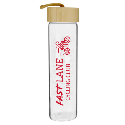 Glass water bottle with bamboo lid and custom logo in 20 oz.