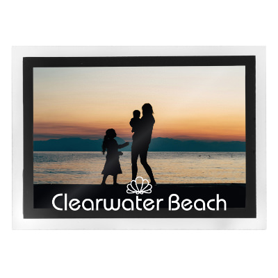 Black plastic picture frame with a personalized logo.
