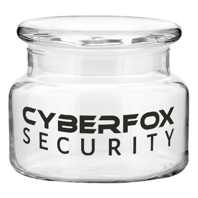 Clear glass jar with a branded logo.