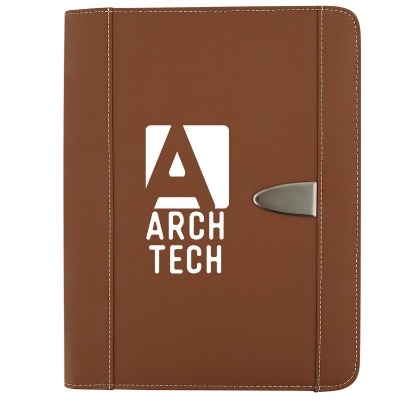 Brown leather portfolio with imprinted logo.