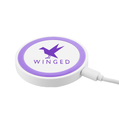 Purple plastic charging pad with a branded logo.