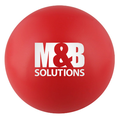 Foam round red stress ball with an imprinted logo.