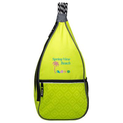 Green slingpack with embroidered logo.