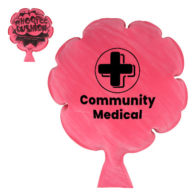 Red rubber whoopee cushion with a branded logo.
