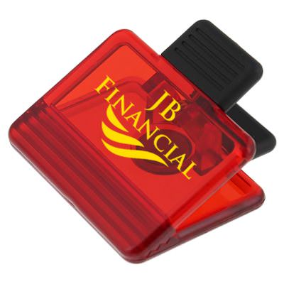 Plastic translucent red billboard magnet chip clip with imprinting.