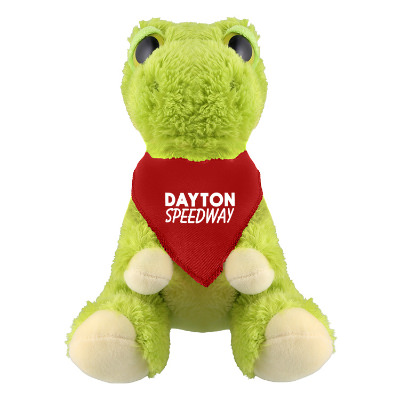 Plush and cotton t-rex with a red bandana with a custom imprint.