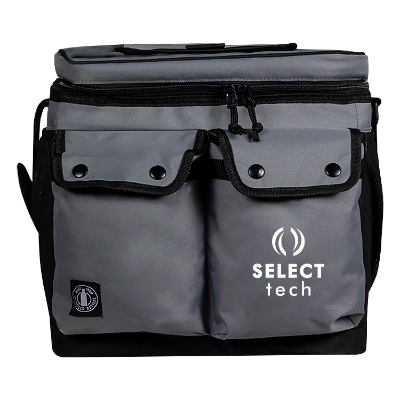 Gray front pocket cooler with custom logo.