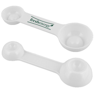 Plastic white 4 way measuring spoon with personalized imprinting.