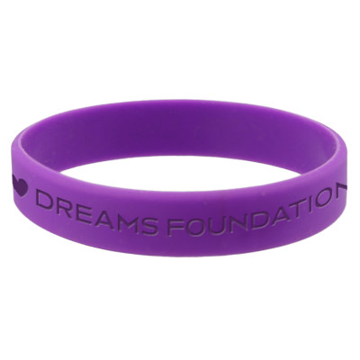 Purple silicone wristband with a personalized logo.