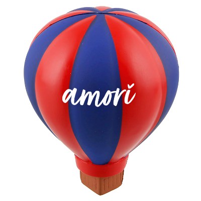 Blue with red foam stress ball with a personalized imprint.