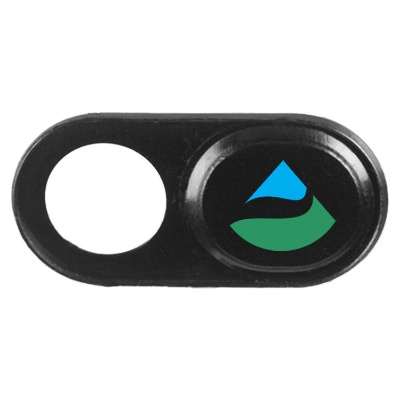 Aluminum black webcam cover with a custom logo.
