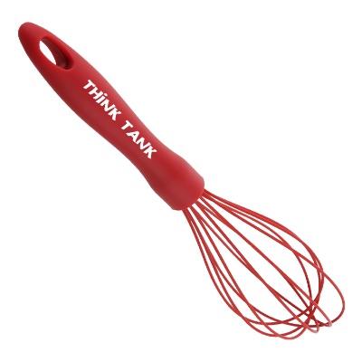 Red silicone whisk with one color custom imprint.