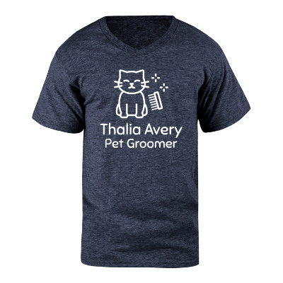 Custom heathered navy v-neck t-shirt with logo.