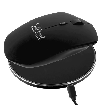 Black plastic mouse pad with a branded logo.