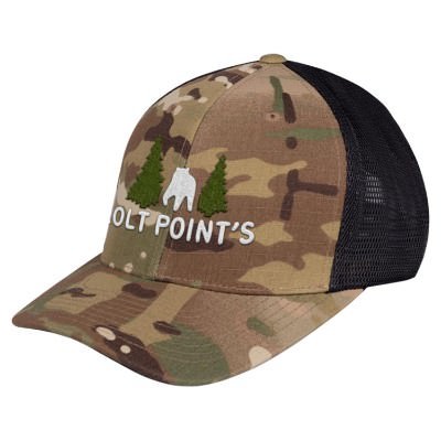 Custom embroidered camo and black trucker cap.